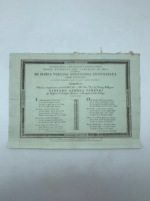 Celebrandosi con solenne distinta pompa dagli studenti del Collegio di Bra la festa di Maria Vergine Santissima Annunziata loro titolare la quarta domenica dopo Pasqua l'anno MDCCCXIII. Sonetti...